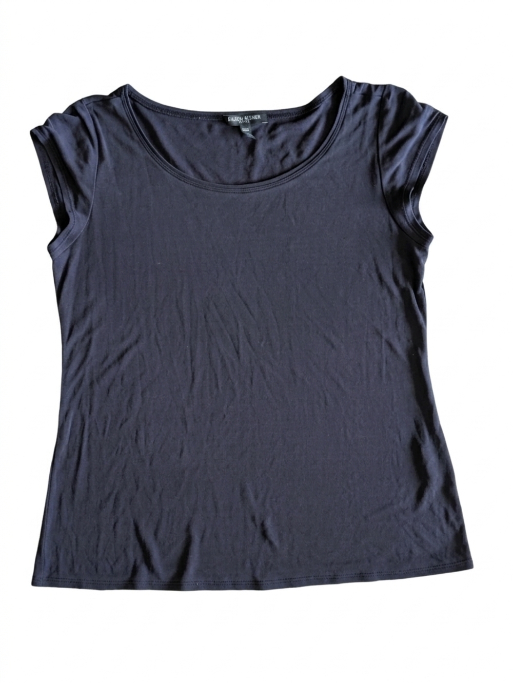 Eileen Fisher Black Eileen Fisher Petite 100% Silk Knit Tee  Neck Cap Sleeve Top